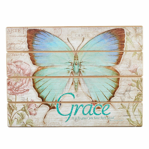 Botanic Butterfly Blessings "Grace" Wooden Wall Plaque - Ephesians 2:8