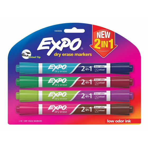 EXPO 1944656 2-in-1 Dry Erase Markers, Chisel Tip, Assorted, 4-Count