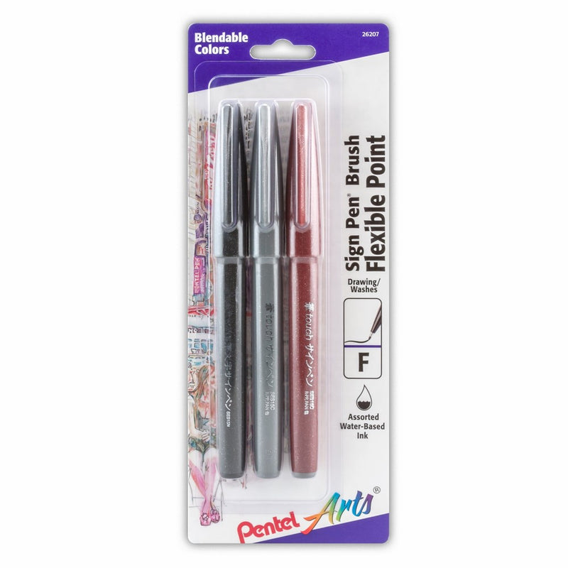 Pentel Arts Sign Pen Touch, Fude Brush Tip, Black/Grey/Sepia Pack of 3 (SES15PABP3M)