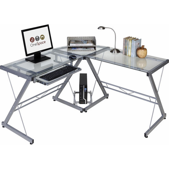 OneSpace Ultramodern Glass L-Shape Desk, Silver and Clear