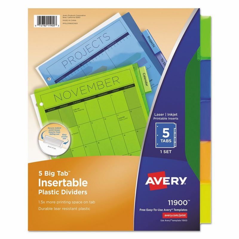 Avery 11900 Insertable Big Tab Plastic Dividers, 5-Tab, Letter