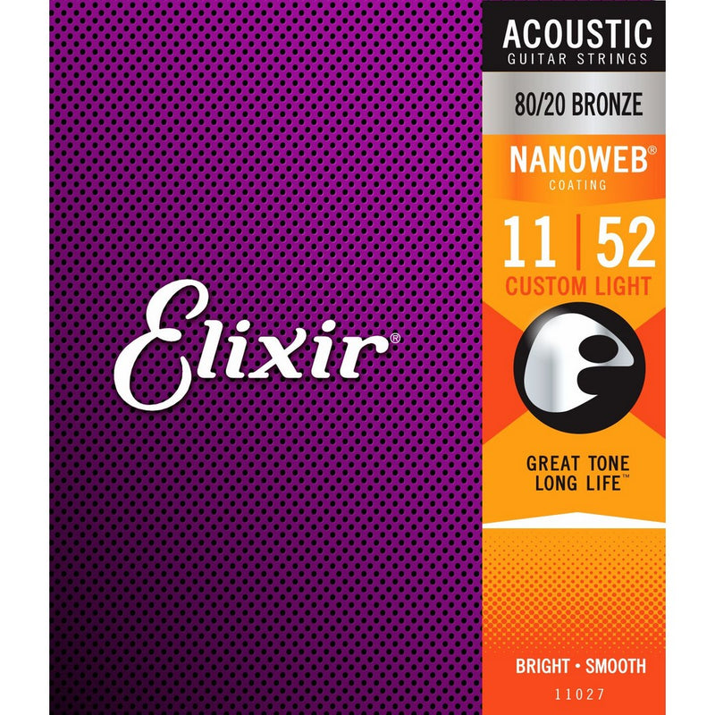 Elixir Strings 80/20 Bronze Acoustic Guitar Strings w NANOWEB Coating, Custom Light (.011-.052)