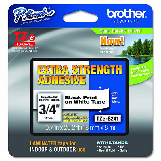 Brother P-touch Genuine TZe-S2413/4" (0.7") Black on White Extra Strength Adhesive Laminated Tape –26.2 ft(8m) (TZES241)