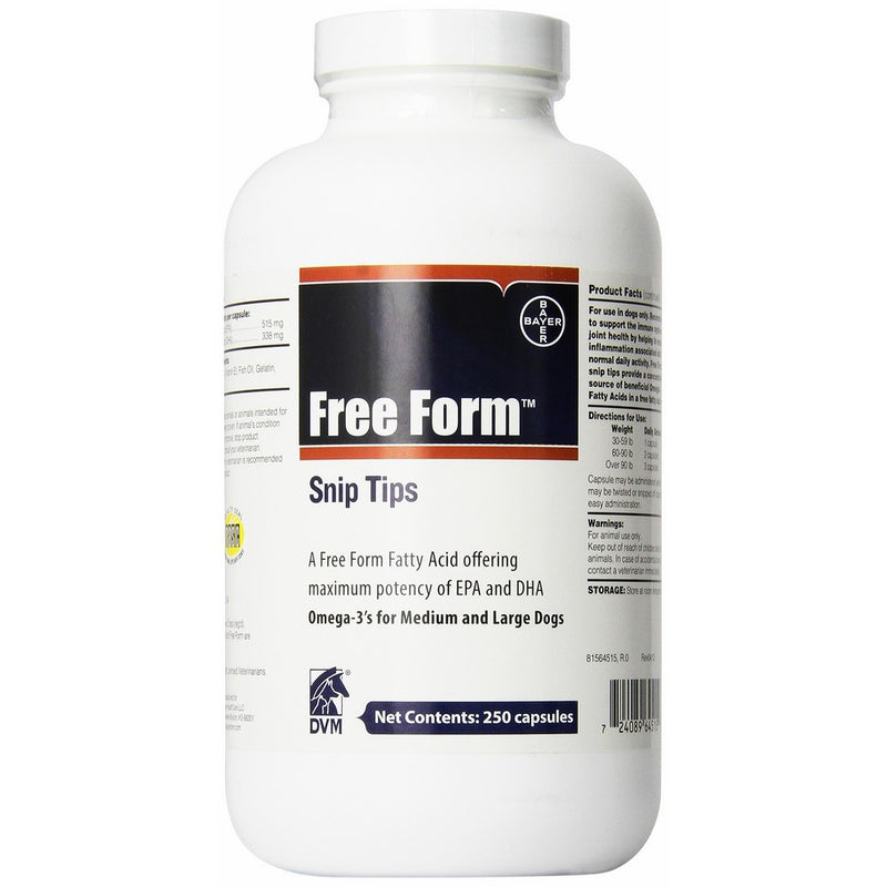Bayer Free Form Snip Tips Gel Capsules, Omega-3 Fish Oil, 250ct, Fatty Acids for Cardiovascular, Joint, Cognitive, Kidney, Ocular Health, Medium to Large Dogs with High Levels of EPA and DHA