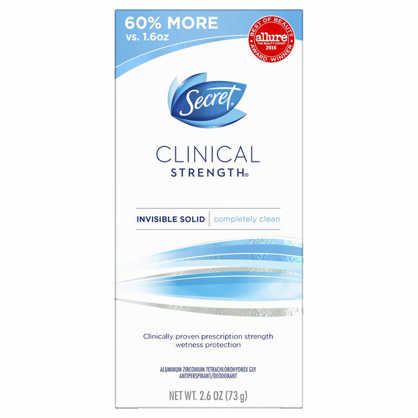 Secret Clinical Strength Deodorant and Antiperspirant for Women, Invisible Solid, Completely Clean, 2.6 Oz.