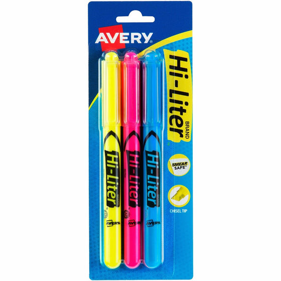 Avery HI-LITER Pen-Style Highlighters, Assorted Colors (1 Fl. Yellow, 1 Fl. Pink, 1 Blue) Smear Safe, Nontoxic, Pack of 3 (25860)