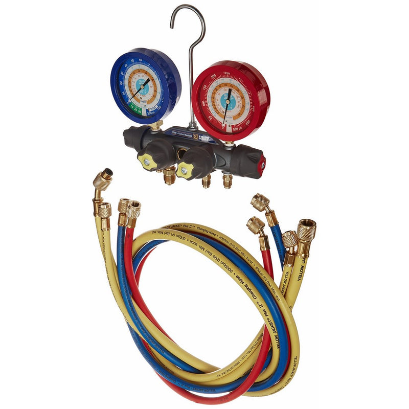 Yellow Jacket 49955 Titan 4-Valve Test and Charging Manifold degrees F, psi Scale, R-134A/404A/407C Refrigerant, Liquid Gauges