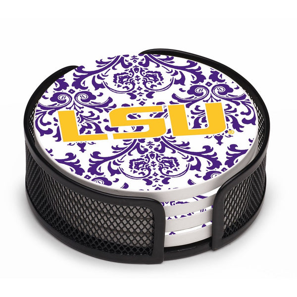 Thirstystone VLSU4-HA17 Stoneware Drink Coaster Set with Holder, Louisiana State University Pattern