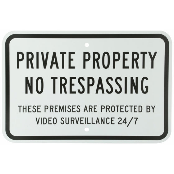 SmartSign Aluminum Sign, Legend "Private Property No Trespassing Surveillance", 12" high x 18" wide, Black on White