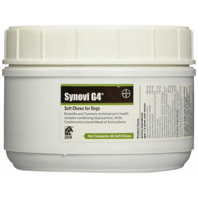 Bayer Synovi G4 Soft chews for Dogs, Joint Supplement, 60ct, Glucosamine, Turmeric, Boswelllia serrata, Creatine with Naturally Derived Ingredients for dogs of all ages, sizes and breeds
