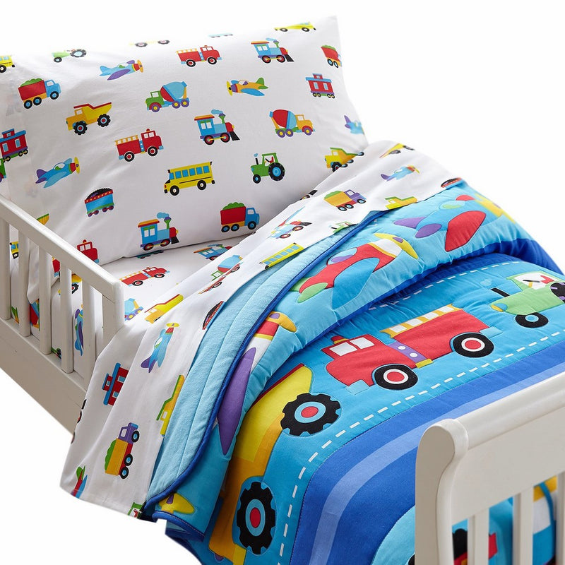 Wildkin Lightweight Toddler Comforter, 100% Cotton Toddler Comforter with Soft Flannel Lining and Embroidered Details, Coordinates with Other Room Décor, Olive Kids Design – Trains, Planes, Trucks