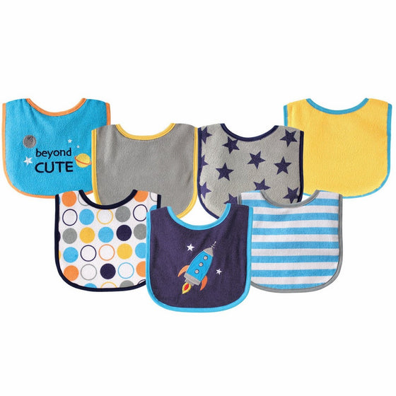 Luvable Friends 7 Piece Drooler Bibs with Waterproof Backing, Blue Spaceship