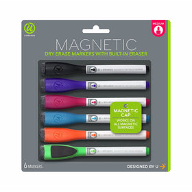 U Brands Low Odor Magnetic Dry Erase Markers With Erasers, Medium Point, Assorted Colors, 6-Count