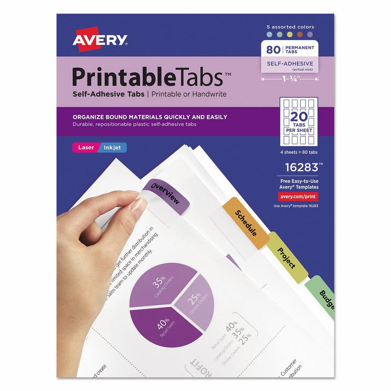 Avery 16283 Printable Plastic Tabs with Repositionable Adhesive, 1 3/4, Assorted (Pack of 80)