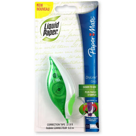 Paper Mate 660415 Liquid Paper DryLine Grip Correction Tape Dispenser, Blister Pack with 1 unit; Transparent Green Body; 1/5 inches Wide x 27.8 feet Long White Tape; Applies Dry, Rewrite Instantly; Swivel Tip