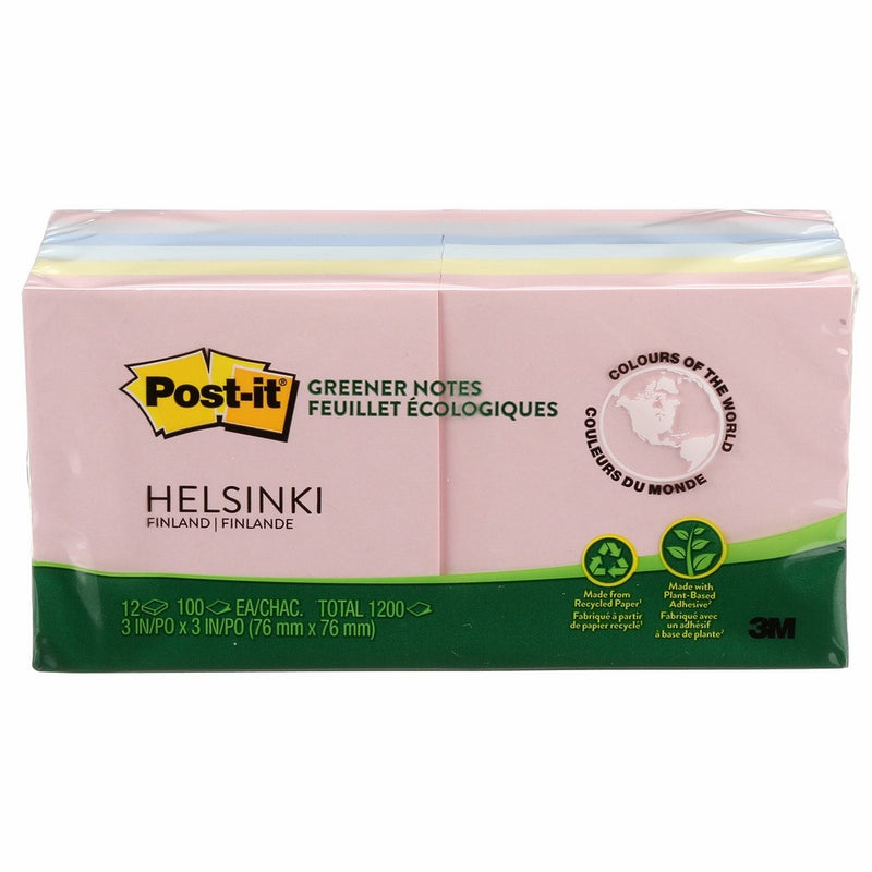 Post-it Greener Notes, 3 in x 3 in, Helsinki Collection, 100 Sheets/Pad, 12 Pads/Pack (654-RP-A)