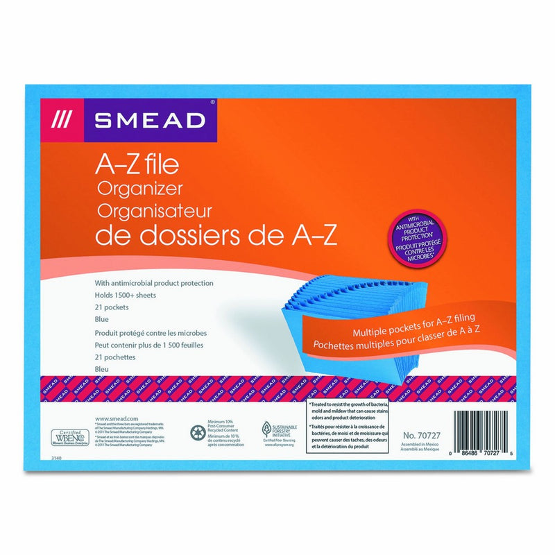 Smead 70727 Antimicrobial A-Z Expanding File, 21 Pockets, Letter, Blue