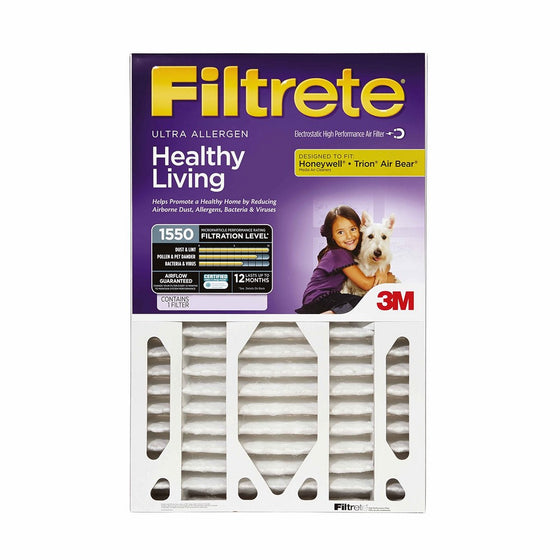 Filtrete MPR 1550 20 x 25 x 4 (4-3/8 Actual Depth) Healthy Living Ultra Allergen Deep Pleat HVAC Air Filter, Delivers Cleaner Air Throughout Your Home, Uncompromised Airflow, 4-Pack