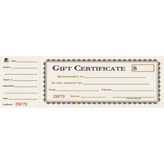 Adams Gift Certificate Book, Single Paper, 3.25 x 11 Inches, Cream, 25 Numbered Certificates (GFTBK1)