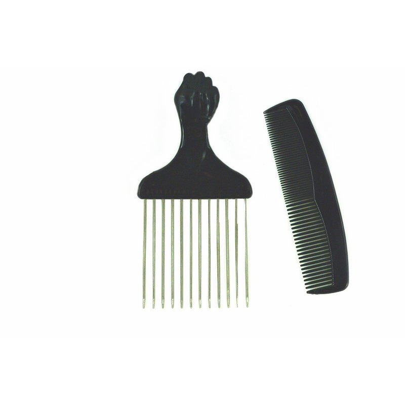 Afro Hair Pick w/ Black Fist and Comb Set- Metal African American Comb