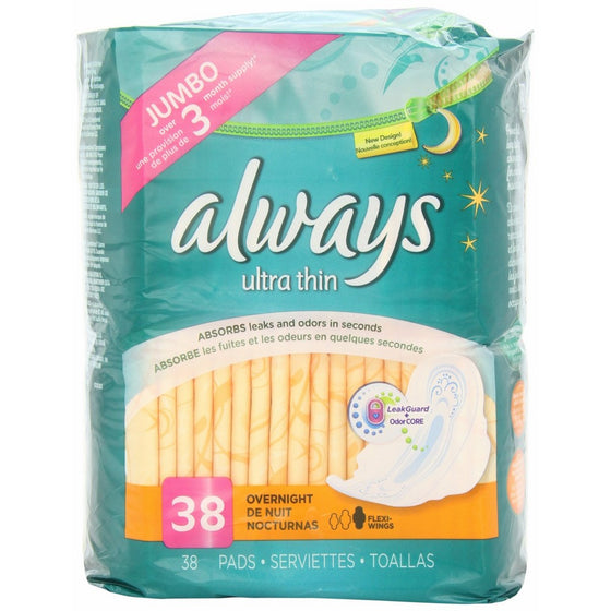 Always Ultra Thin Overnight Feminine Pads with Wings, Unscented, 38 Count