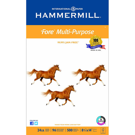 Hammermill Paper, Fore MP Paper, 24lb, 8.5 x 14, Legal, 96 Bright, 500 Sheets/1 Ream, (101279R), Made In The USA