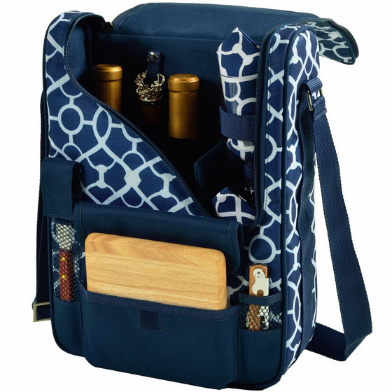Picnic at Ascot Wine and Cheese Cooler Bag Equipped for 2 with Glasses, Napkins, Cutting Board, Corkscrew , etc.- Trellis Blue