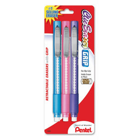 Pentel Clic Retractable Eraser with Grip, Assorted Barrels, 3 Pack (ZE21TBP3M)
