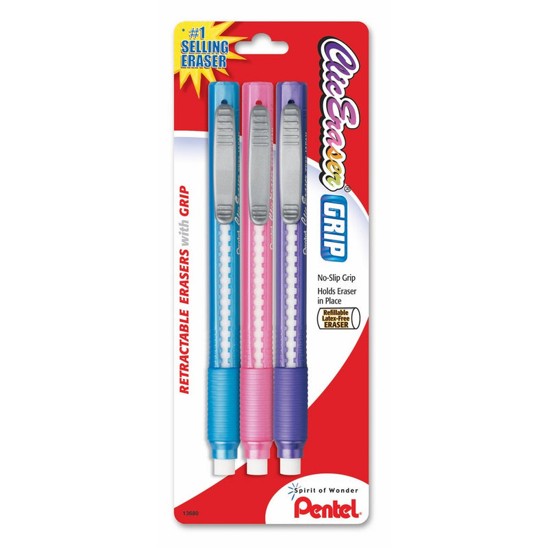 Pentel Clic Retractable Eraser with Grip, Assorted Barrels, 3 Pack (ZE21TBP3M)