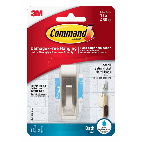 Command Modern Reflections Metal Bath Hook, Small, Satin Nickel, 1-Hook with Water-Resistant Strips (MR01-SN-BES)