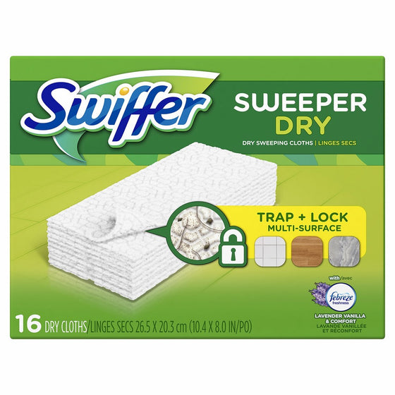 Swiffer Sweeper Dry Sweeping Pad Refills for Floor mop with Febreze Lavender Vanilla & Comfort Scent 16 Count (Pack of 12)