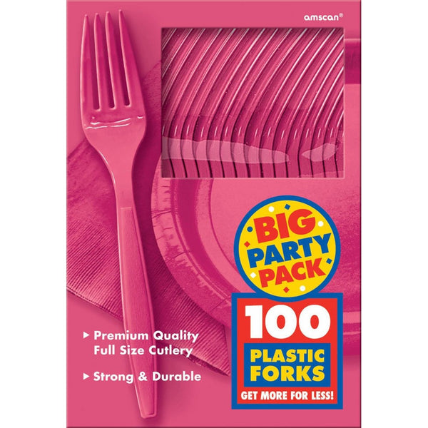 Amscan Big Party Pack 100 Count Mid Weight Plastic Forks, Bright Pink