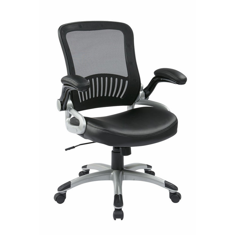 Office Star Breathable Screen Back and Bonded Leather Seat Managers Chair with Flip Arms and Silver Coated Accents, Black