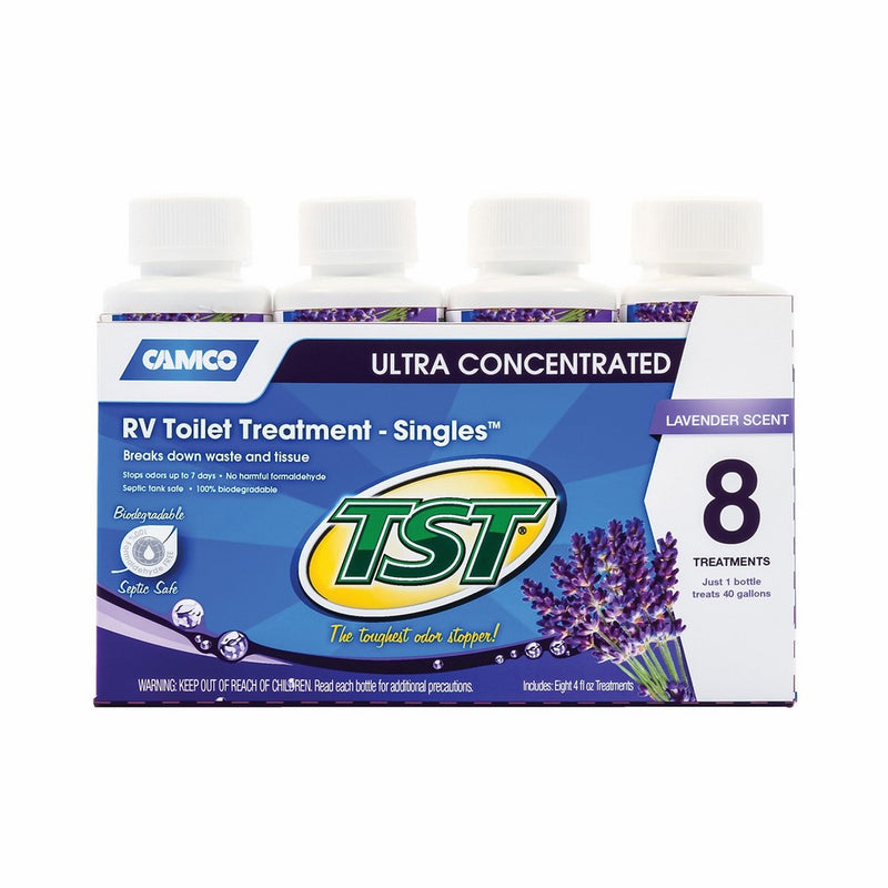 Camco TST Ultra-Concentrate Lavender Scent RV Toilet Treatment, Formaldehyde Free, Breaks Down Waste And Tissue, Septic Tank Safe, Treats up to 32-40 Gallon Holding Tanks (8-Pack of 4 Ounce Singles)