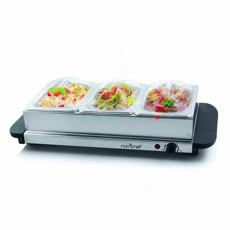 NutriChef 3 Tray Buffet Server & Hot Plate Food Warmer | Tabletop Electric Food Warming Tray | Easy Clean Stainless Steel | Portable & Great for Parties & Events | Max Temp 175F