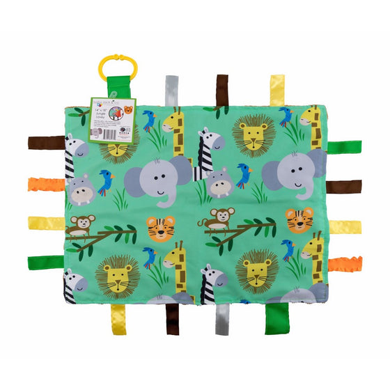 Baby Sensory, Security & Teething Closed Ribbon Tag Lovey Blanket with Minky Dot Fabric: 14”X18” (Jungle Safari)