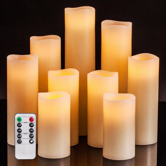 Flameless Candles Battery Operated Candles 4" 5" 6" 7" 8" 9" Set of 9 Ivory Real Wax Pillar LED Candles with 10-key Remote and Cycling 24 Hours Timer