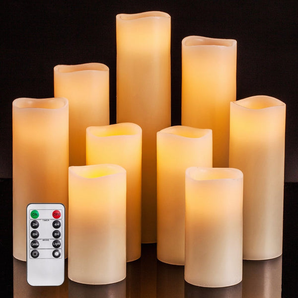 Flameless Candles Battery Operated Candles 4" 5" 6" 7" 8" 9" Set of 9 Ivory Real Wax Pillar LED Candles with 10-key Remote and Cycling 24 Hours Timer