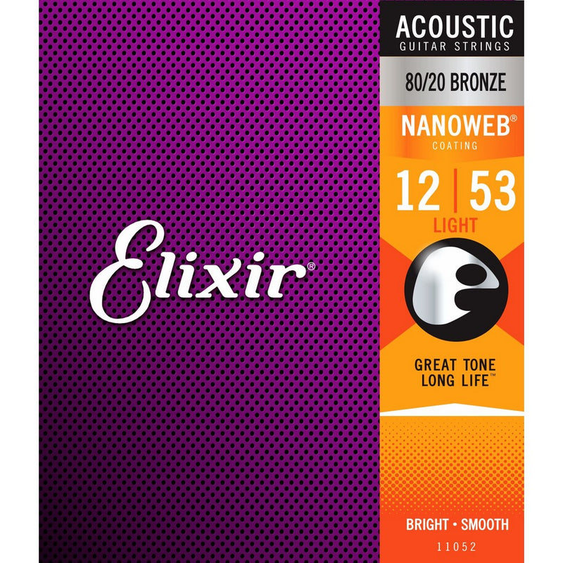 Elixir Strings 80/20 Bronze Acoustic Guitar Strings w NANOWEB Coating, Light (.012-.053)