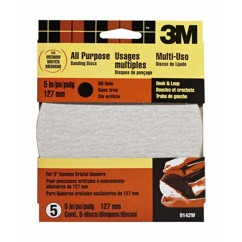 3M Hookit 9142W 5-Inch No Hole Discs, Medium 80 Grit, 5-pack