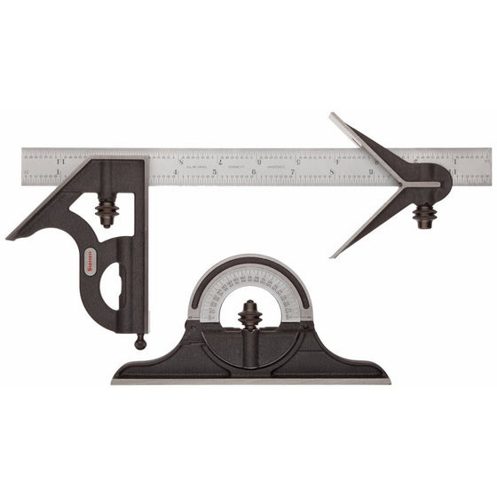 Starrett C435-12-4R Combination Set, Cast Iron Heads, Satin Chrome Blade, 12", 4R Grad,