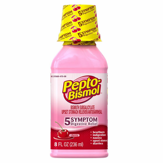 Pepto-Bismol Cherry Liquid 5 Symptom Relief, including Upset Stomach & Diarrhea, 8 Oz