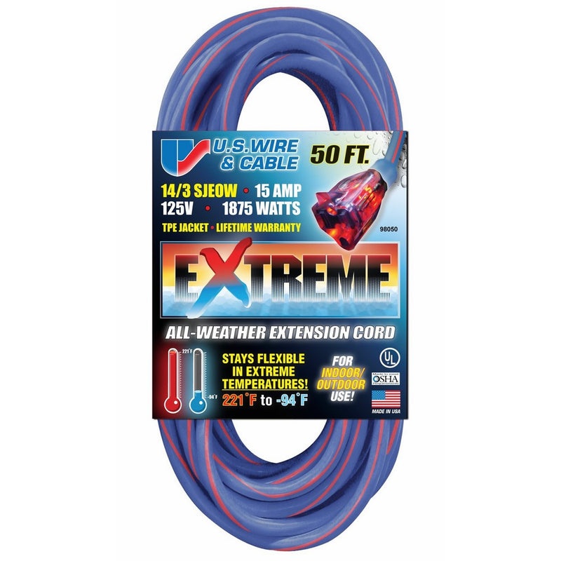 US Wire 98050 14/3 50-Foot SJEOW TPE Cold Weather Extension Cord Blue with Lighted Plug