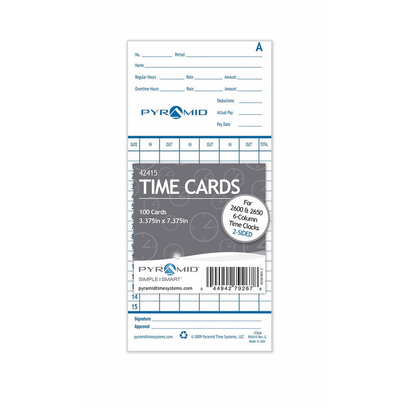 Pyramid 42415 Genuine Time Cards for 2500, 2600 & 2650 Auto Aligning Time Clocks, 100/Pk