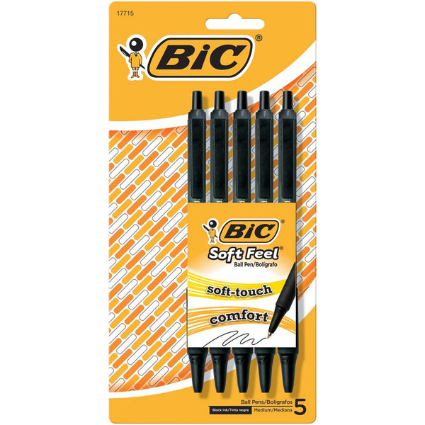 BIC Soft Feel Ball Pen, Black, Medium Point, 5-Count