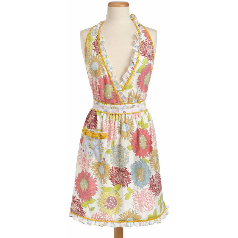 DII Summer Blooms Print Full Apron, Soft Floral Pattern with Front Pocket and Ruffles at Neck and Bottom