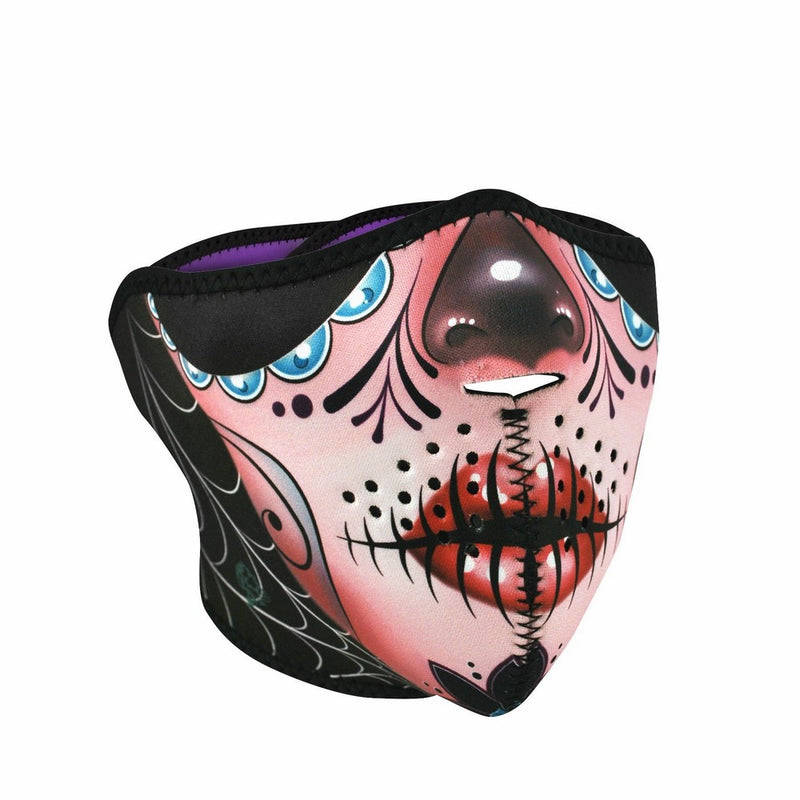 Zanheadgear Neoprene Half Face Mask, Sugar Skull Reversible to Purple