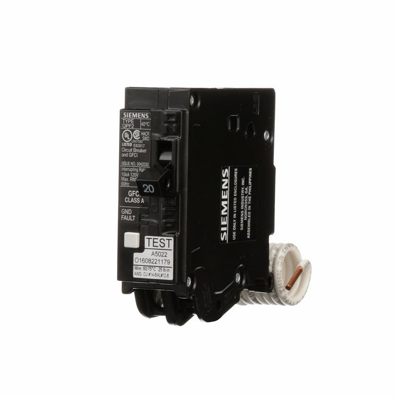 Siemens QF120A Ground Fault Circuit Interrupter, 20 Amp, 1 Pole, 120V, 10,000 AIC