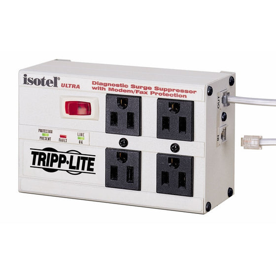 Tripp Lite Isobar 4 Outlet Surge Protector, 6ft. Cord, Right-Angle Plug, Tel/Fax/Modem, Metal, 50,000 INSURANCE (ISOTEL4 ULTRA)