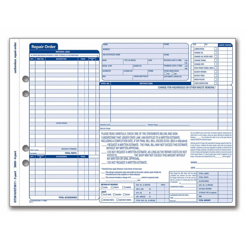 Adams Garage Repair Order Forms, 8.5 x 11.44 Inches, 3 Part, 50 Sets, White and Canary, (GT3810)